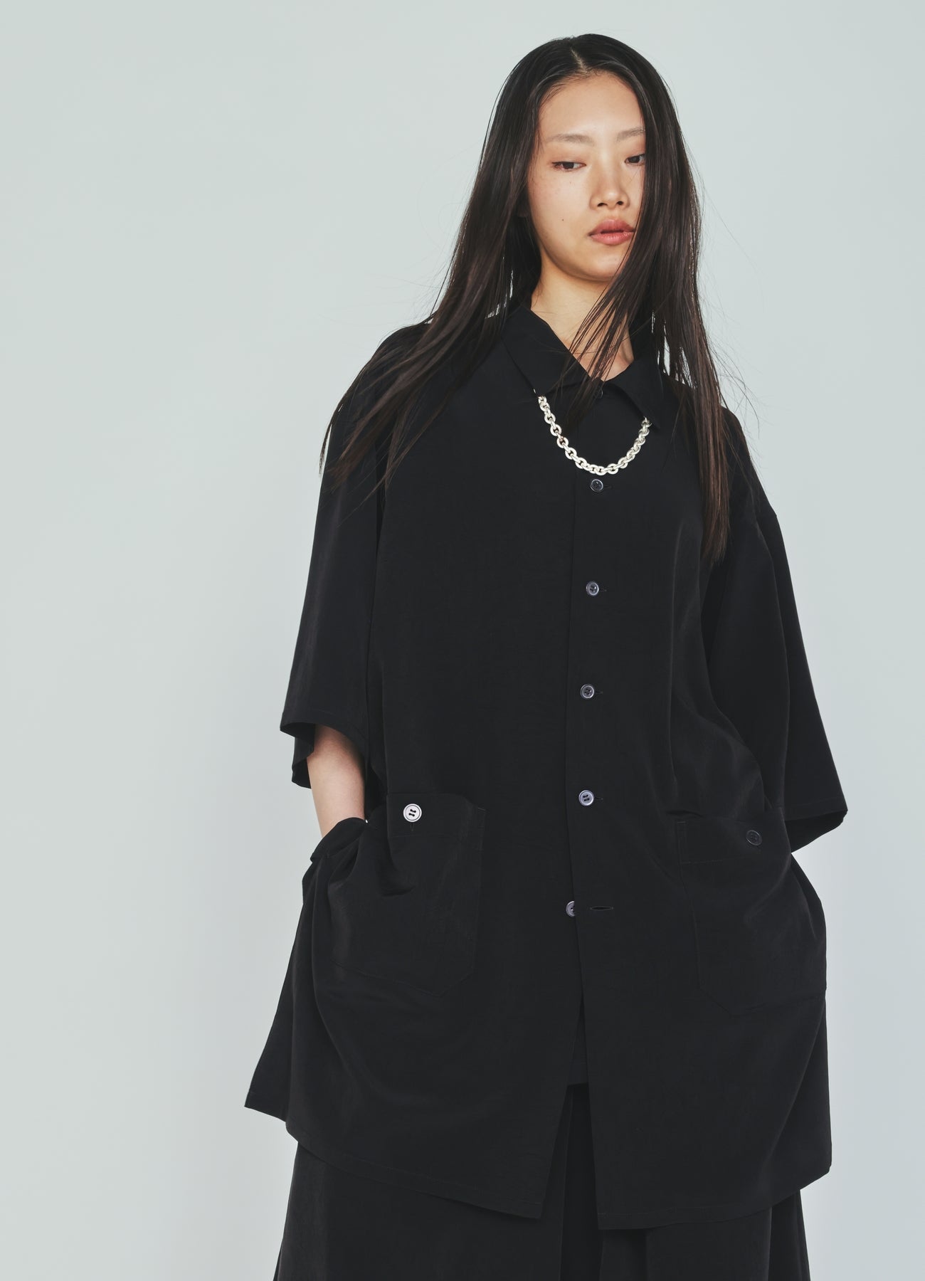 CREPE de CHINE BIG POCKET OPEN COLLAR SHIRTS