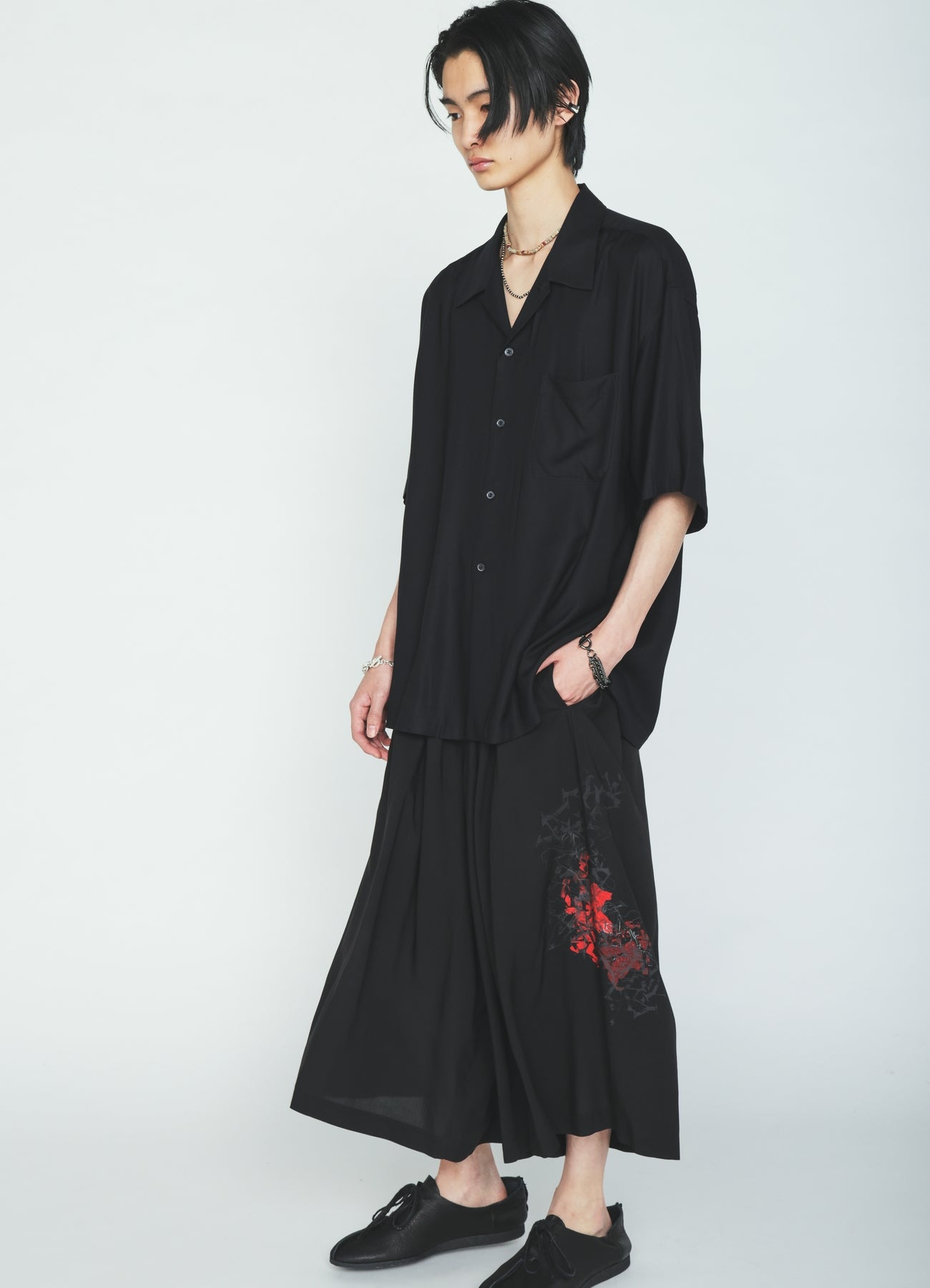 RAYON TWILL SHORT‑SLEEVE OPEN COLLAR SHIRT
