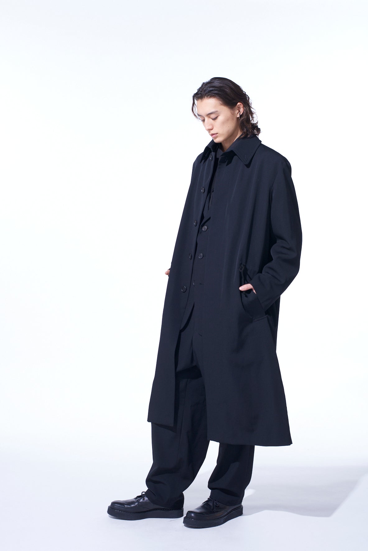 WASHER WOOL GABARDINE STAND COLLAR COAT