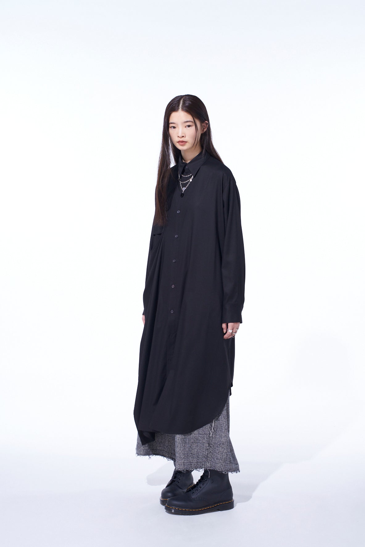 RAYON TWILL LAYERED LONG SHIRT DRESS