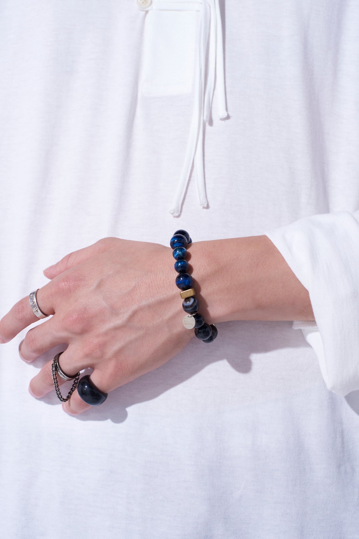 BLUE TIGER'S EYE+SMOKY QUARTZ BRASS BRACELET