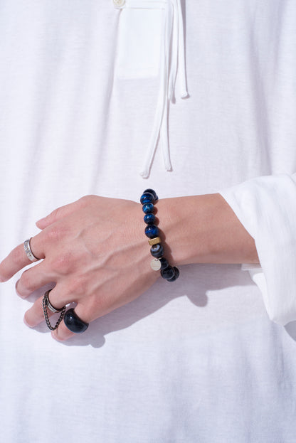 BLUE TIGER'S EYE+SMOKY QUARTZ BRASS BRACELET