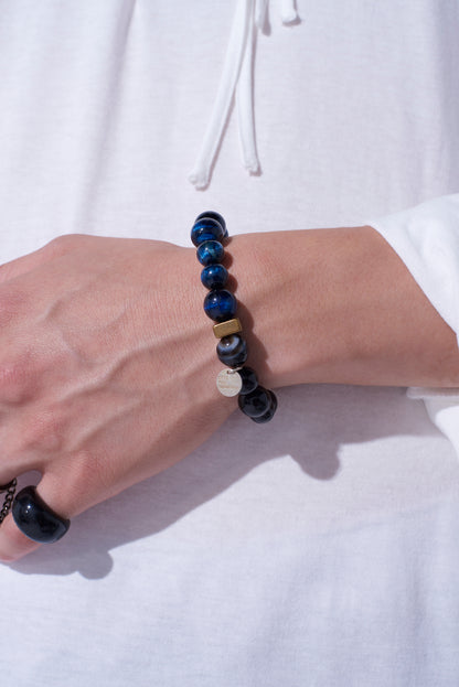 BLUE TIGER'S EYE+SMOKY QUARTZ BRASS BRACELET