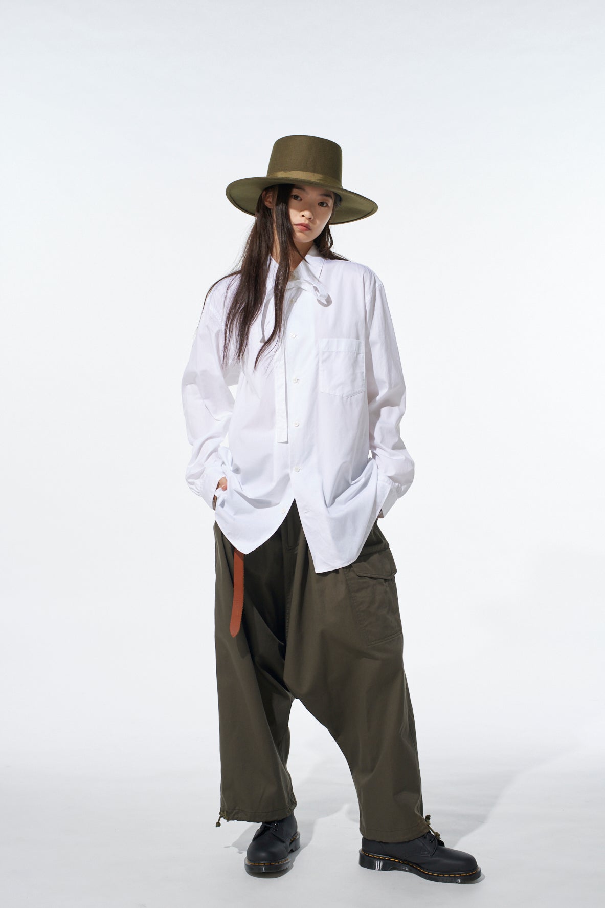 COTTON BROAD RIBON STAND COLLAR SHIRT