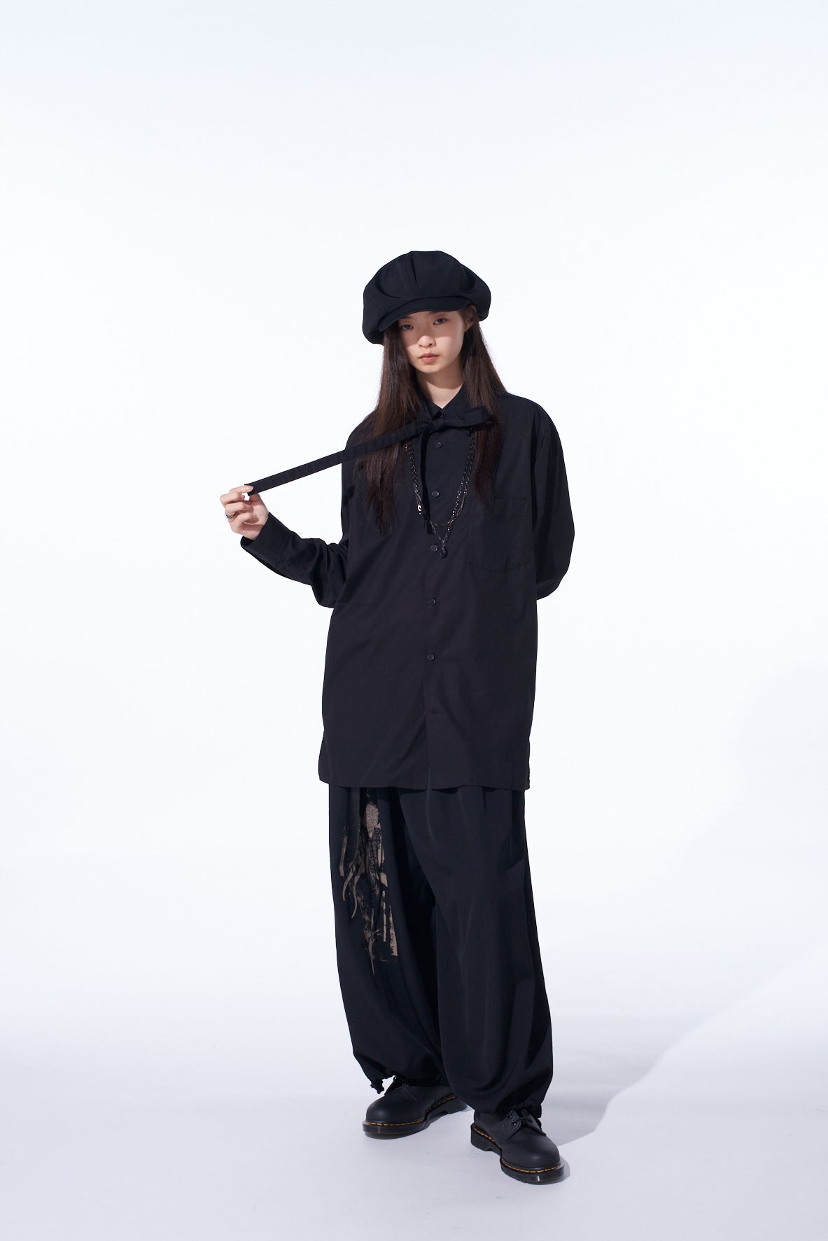 COTTON BROAD RIBON STAND COLLAR SHIRT