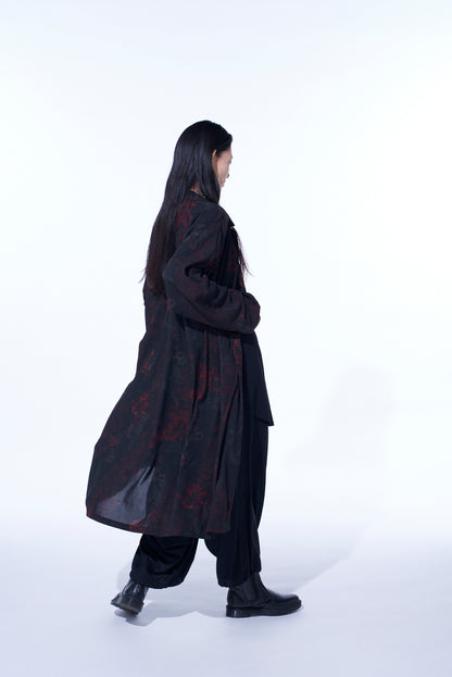 RAYON CRIMSON LACE PRINT OPEN-COLLAR LONG SHIRT