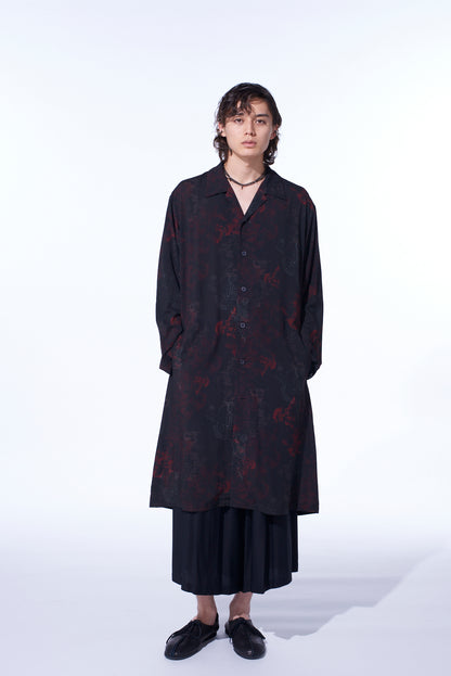 RAYON CRIMSON LACE PRINT OPEN-COLLAR LONG SHIRT