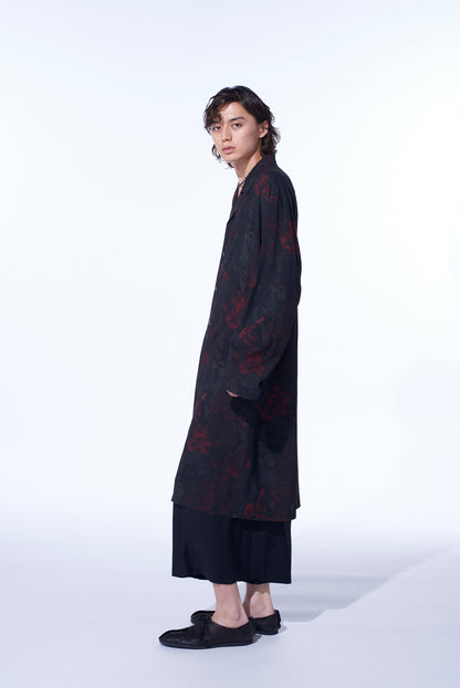 RAYON CRIMSON LACE PRINT OPEN-COLLAR LONG SHIRT