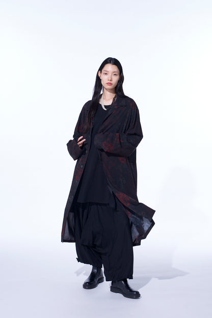 RAYON CRIMSON LACE PRINT OPEN-COLLAR LONG SHIRT