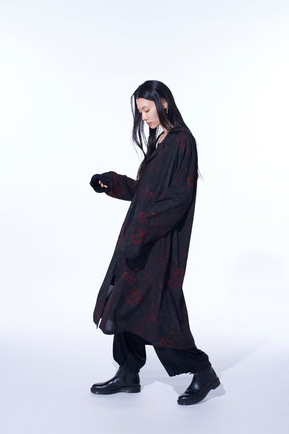 RAYON CRIMSON LACE PRINT OPEN-COLLAR LONG SHIRT