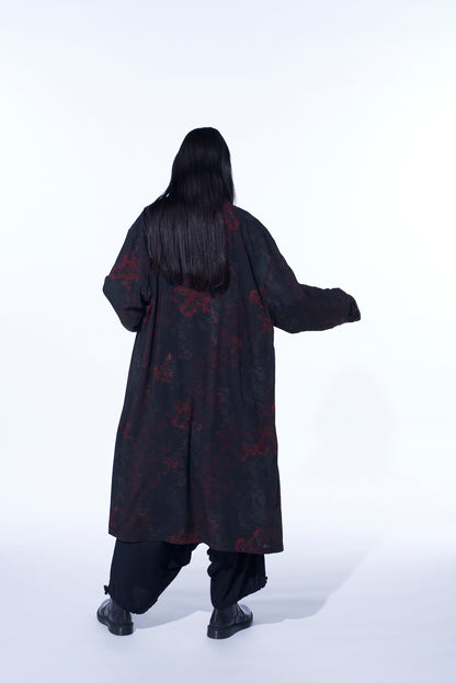 RAYON CRIMSON LACE PRINT OPEN-COLLAR LONG SHIRT