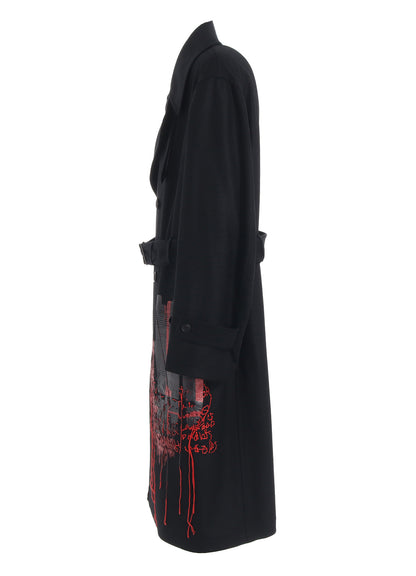 LAMB WOOL PRINTED MESSEGE EMBROIDERY TRENCH COAT