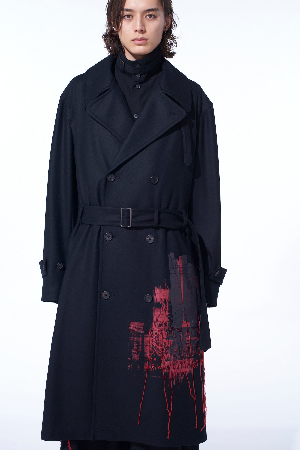 LAMB WOOL PRINTED MESSEGE EMBROIDERY TRENCH COAT