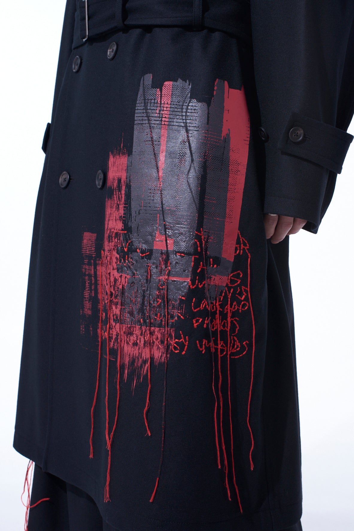 LAMB WOOL PRINTED MESSEGE EMBROIDERY TRENCH COAT