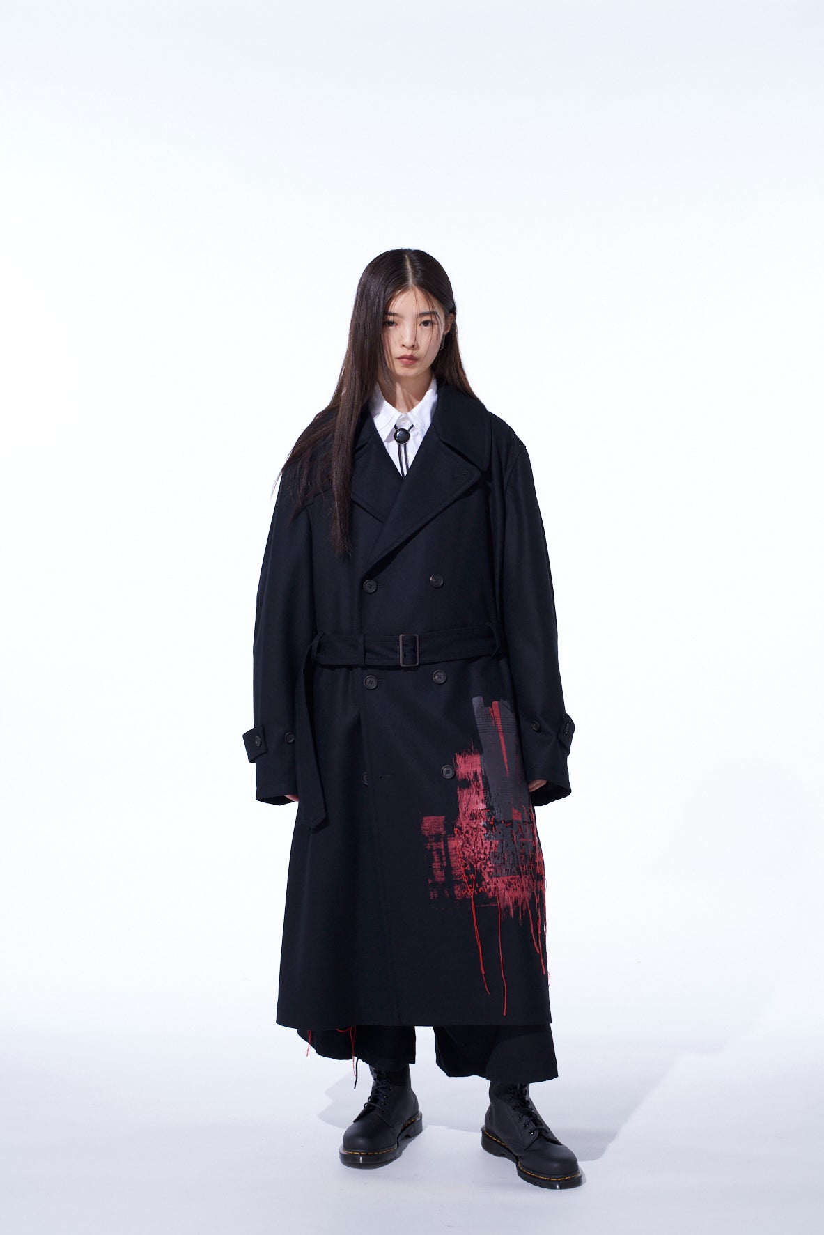 LAMB WOOL PRINTED MESSEGE EMBROIDERY TRENCH COAT