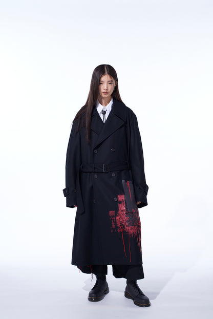 LAMB WOOL PRINTED MESSEGE EMBROIDERY TRENCH COAT