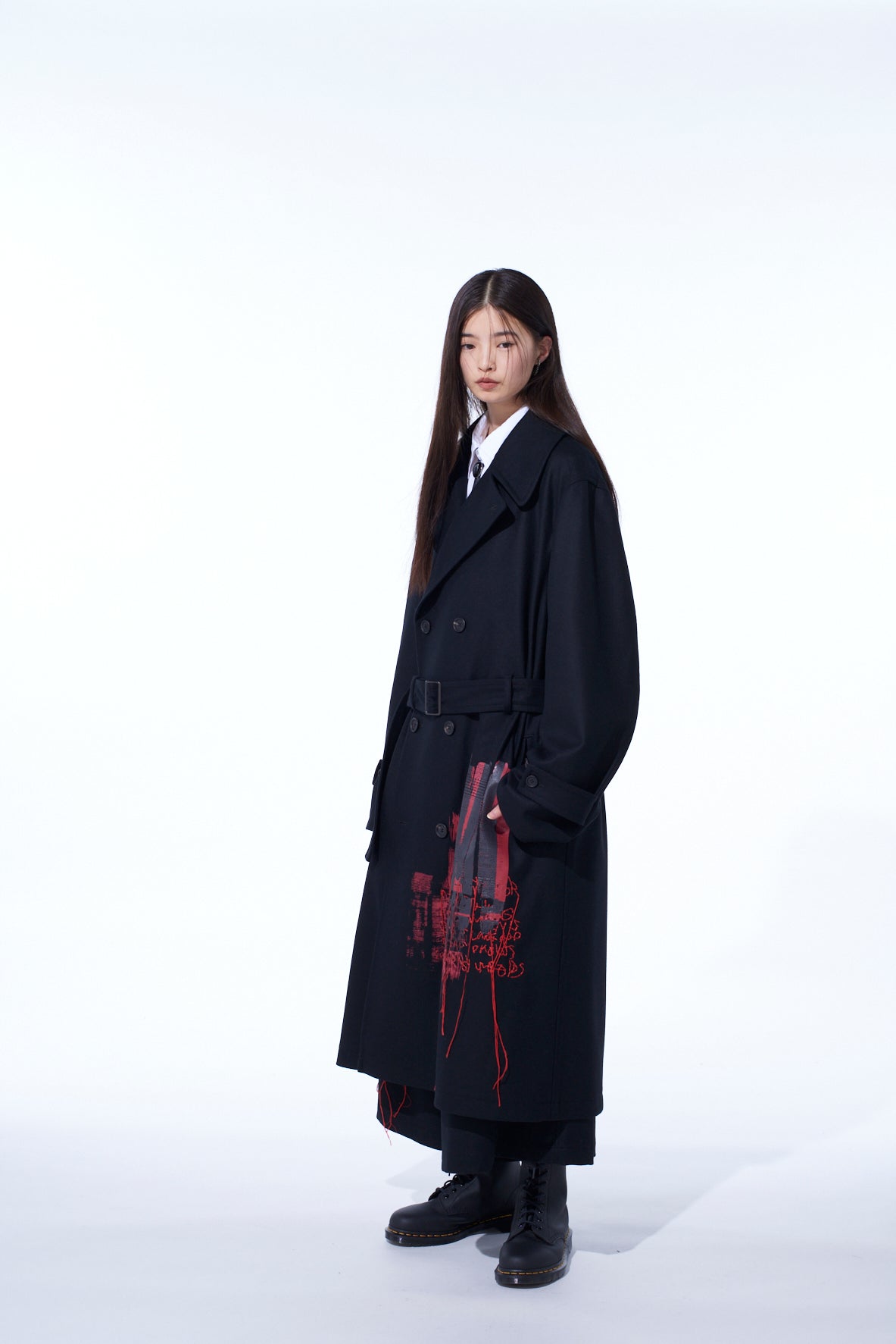 LAMB WOOL PRINTED MESSEGE EMBROIDERY TRENCH COAT