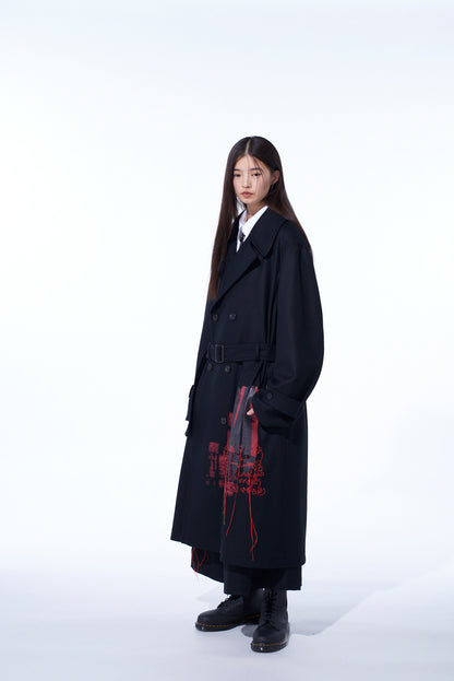 LAMB WOOL PRINTED MESSEGE EMBROIDERY TRENCH COAT