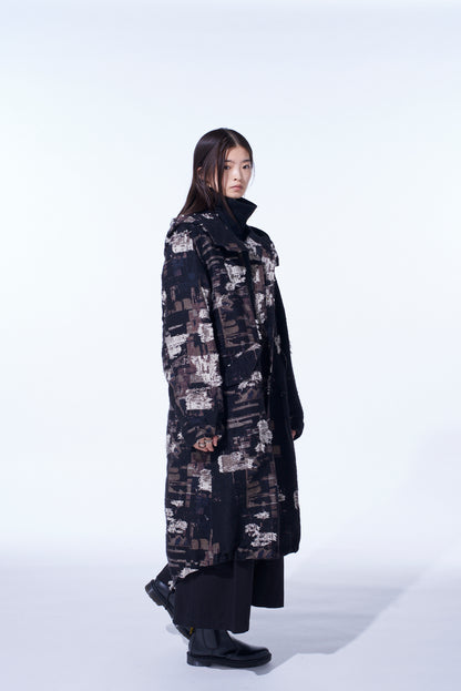 PATCHWORK CUT JACQUARD HOODED COAT