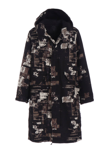 PATCHWORK CUT JACQUARD HOODED COAT