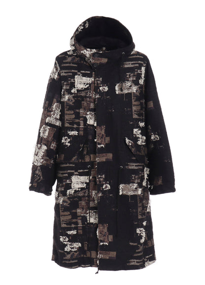 PATCHWORK CUT JACQUARD HOODED COAT