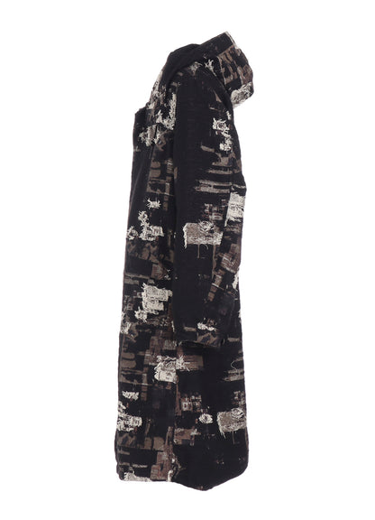 PATCHWORK CUT JACQUARD HOODED COAT