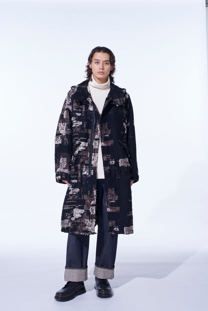PATCHWORK CUT JACQUARD HOODED COAT