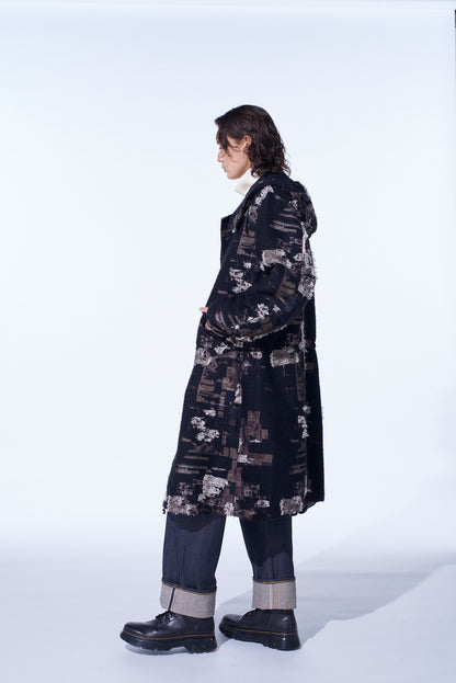 PATCHWORK CUT JACQUARD HOODED COAT