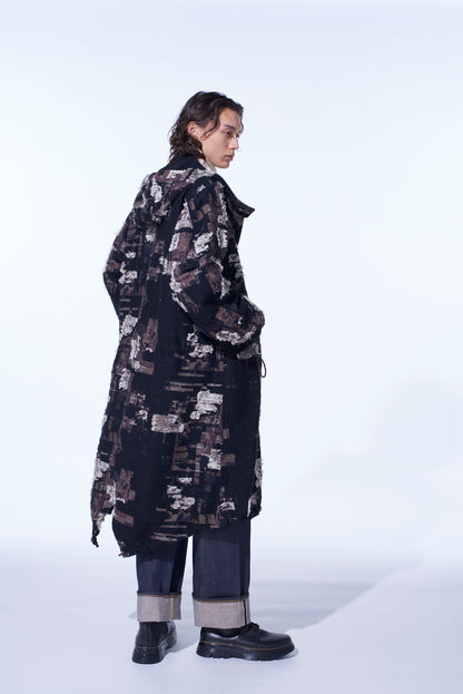 PATCHWORK CUT JACQUARD HOODED COAT