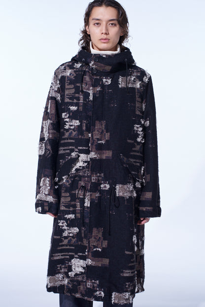 PATCHWORK CUT JACQUARD HOODED COAT