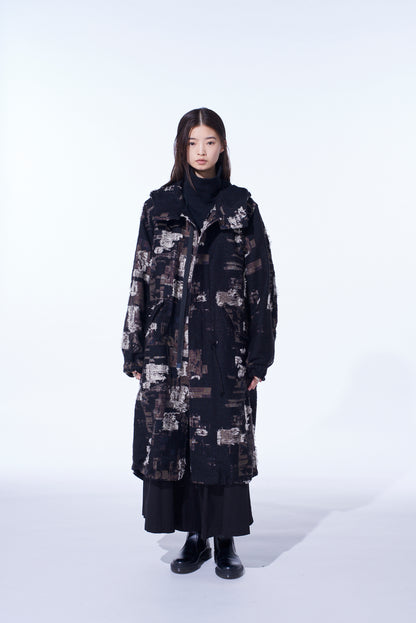 PATCHWORK CUT JACQUARD HOODED COAT