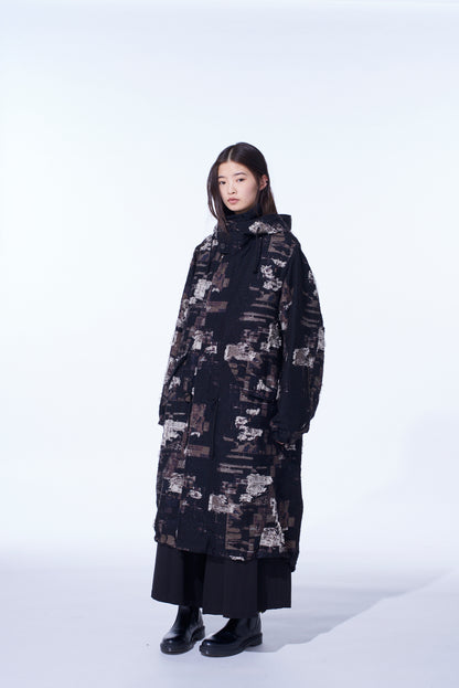 PATCHWORK CUT JACQUARD HOODED COAT