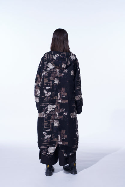 PATCHWORK CUT JACQUARD HOODED COAT