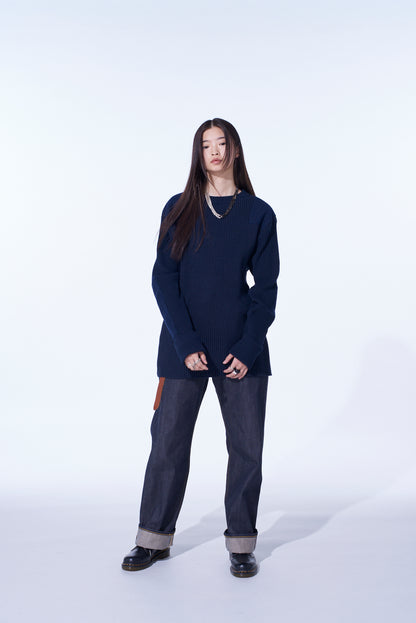 7G WOOL COTTON RIB PULLOVER WITH FLANNEL SHOULDER AND ELBOW PATCHES