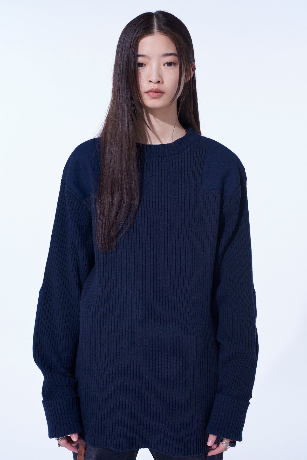 7G WOOL COTTON RIB PULLOVER WITH FLANNEL SHOULDER AND ELBOW PATCHES