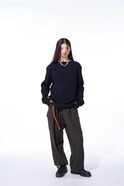 7G WOOL COTTON RIB PULLOVER WITH FLANNEL SHOULDER AND ELBOW PATCHES