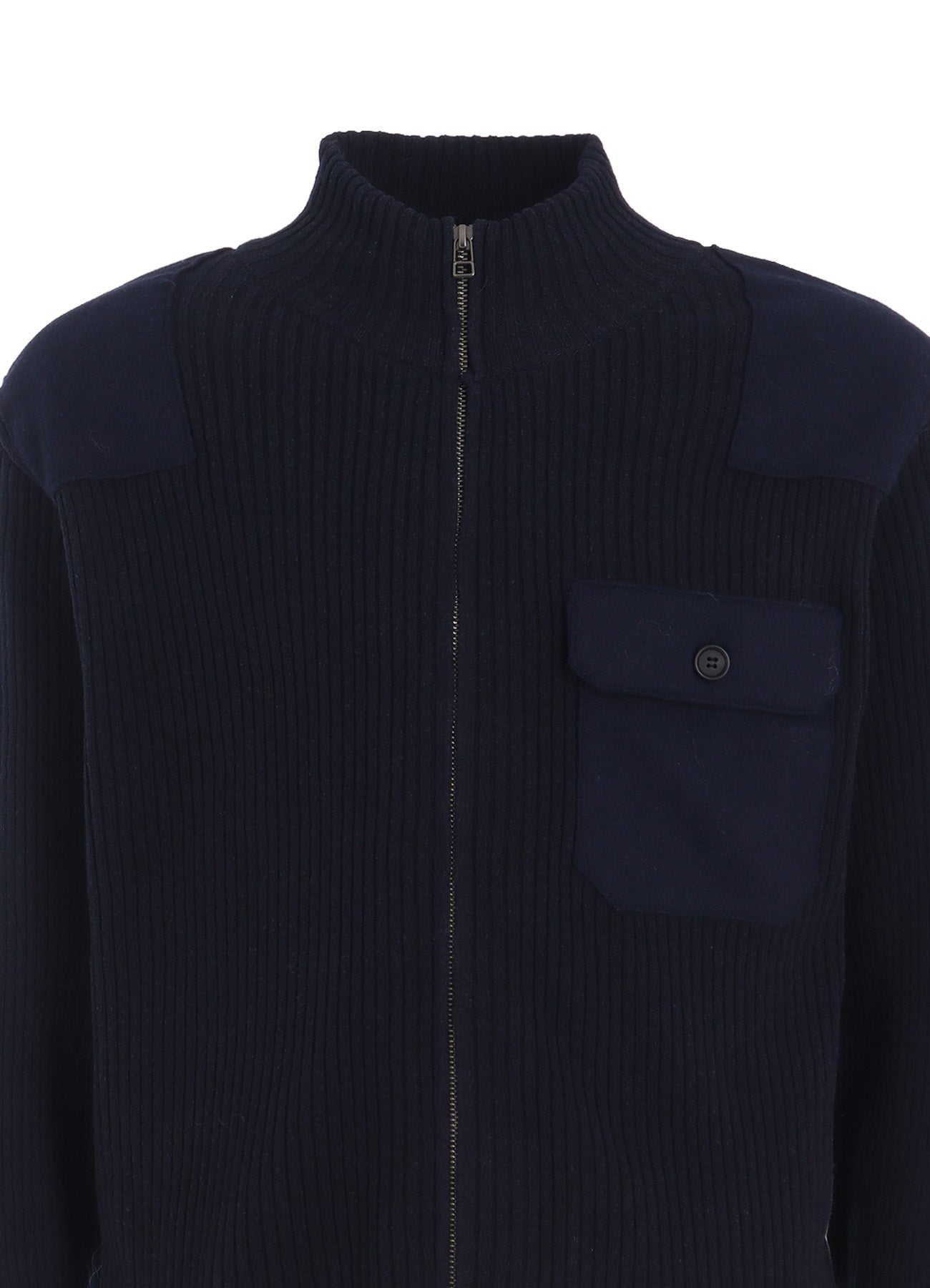 7G WOOL COTTON RIB ZIP-UP  WITH FLANNEL SHOULDER AND ELBOW PATCHES