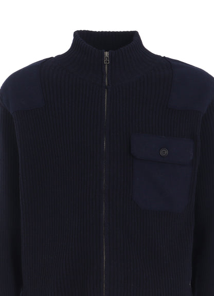 7G WOOL COTTON RIB ZIP-UP  WITH FLANNEL SHOULDER AND ELBOW PATCHES