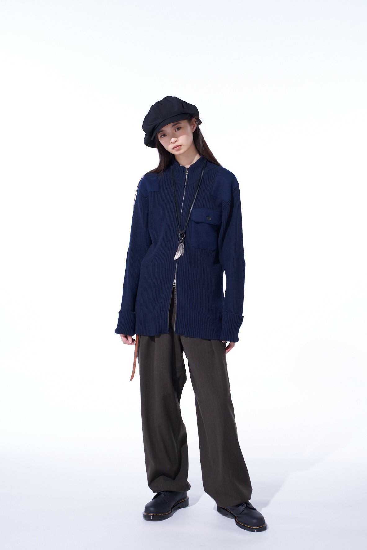 7G WOOL COTTON RIB ZIP-UP  WITH FLANNEL SHOULDER AND ELBOW PATCHES