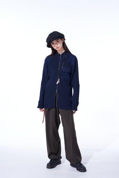 7G WOOL COTTON RIB ZIP-UP  WITH FLANNEL SHOULDER AND ELBOW PATCHES