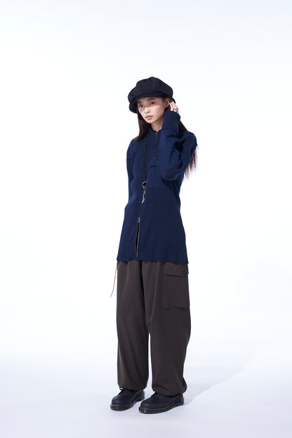 7G WOOL COTTON RIB ZIP-UP  WITH FLANNEL SHOULDER AND ELBOW PATCHES