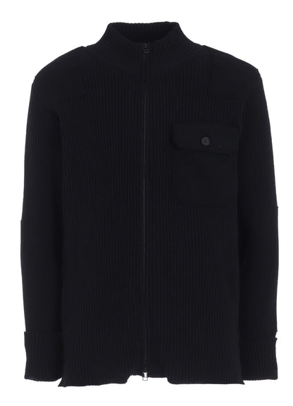 7G WOOL COTTON RIB ZIP-UP  WITH FLANNEL SHOULDER AND ELBOW PATCHES