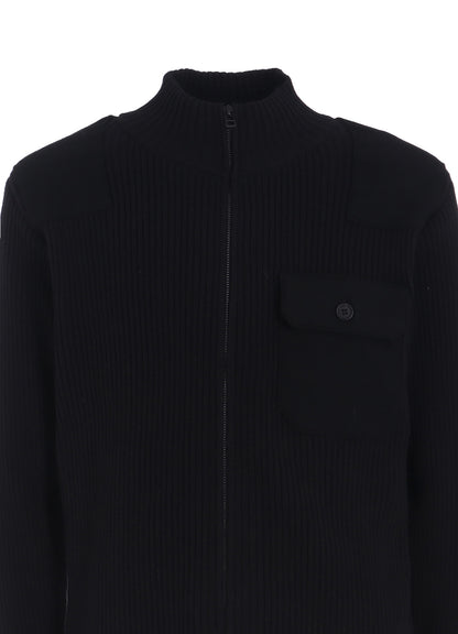 7G WOOL COTTON RIB ZIP-UP  WITH FLANNEL SHOULDER AND ELBOW PATCHES