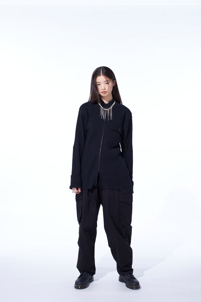 7G WOOL COTTON RIB ZIP-UP  WITH FLANNEL SHOULDER AND ELBOW PATCHES