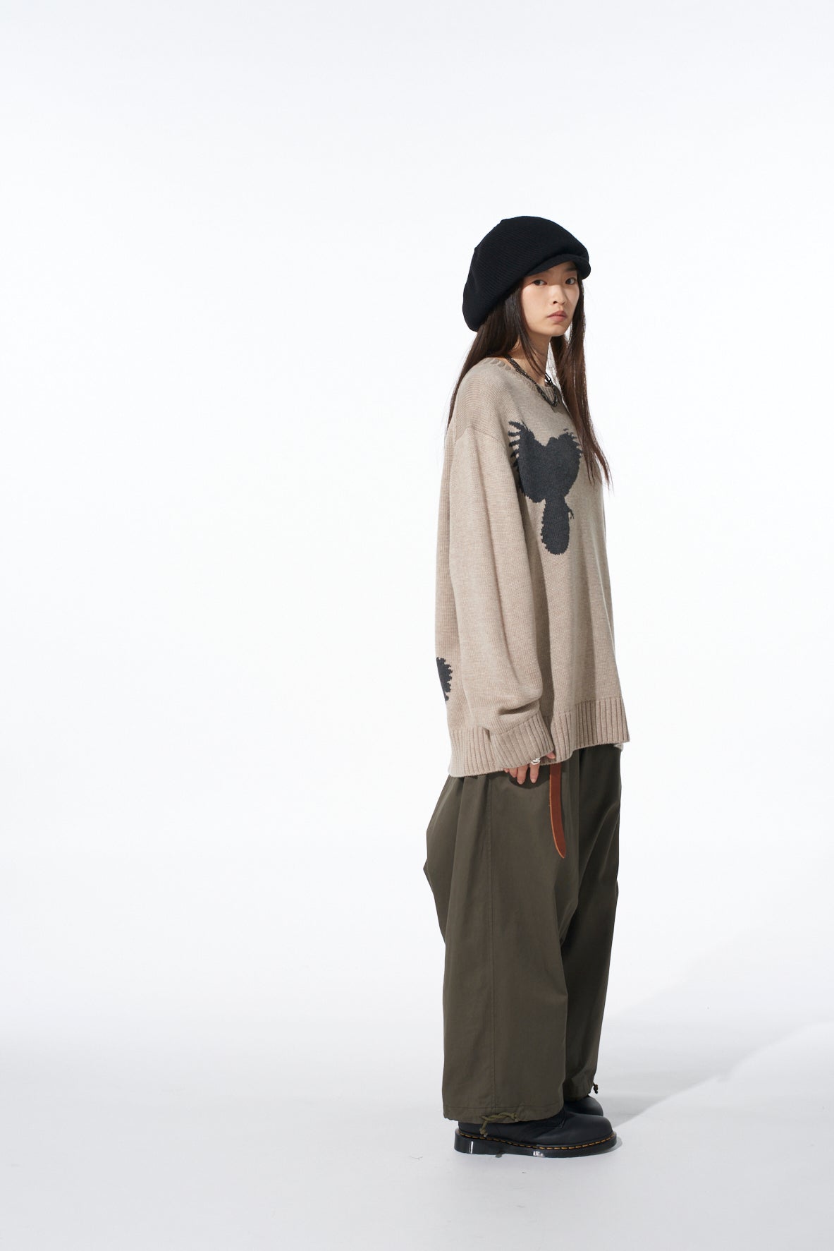 7G WOOL-BLEND INTARSIA CROW-PATTERN PULLOVER
