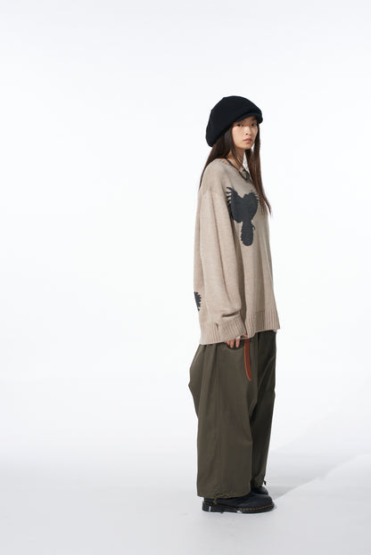 7G WOOL-BLEND INTARSIA CROW-PATTERN PULLOVER