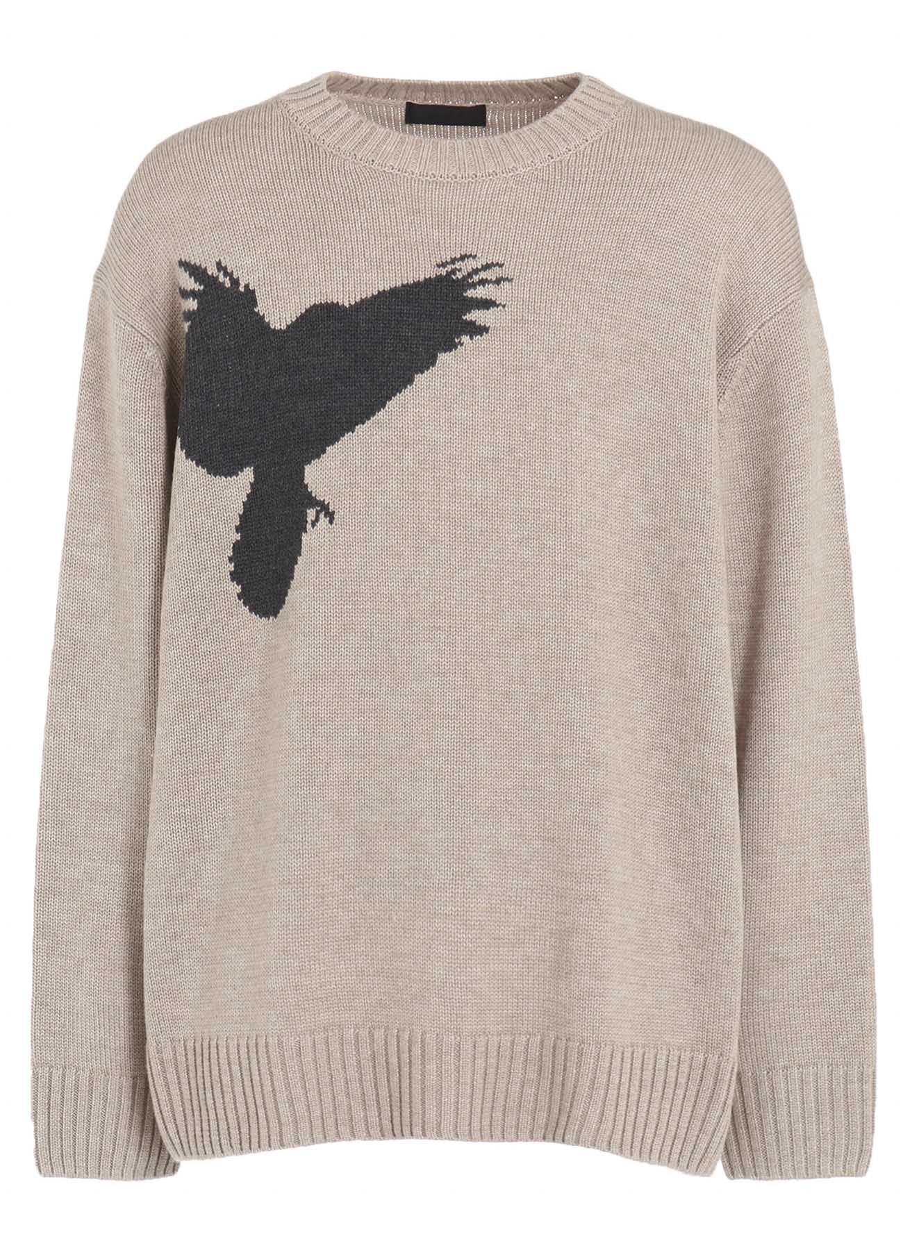 7G WOOL-BLEND INTARSIA CROW-PATTERN PULLOVER