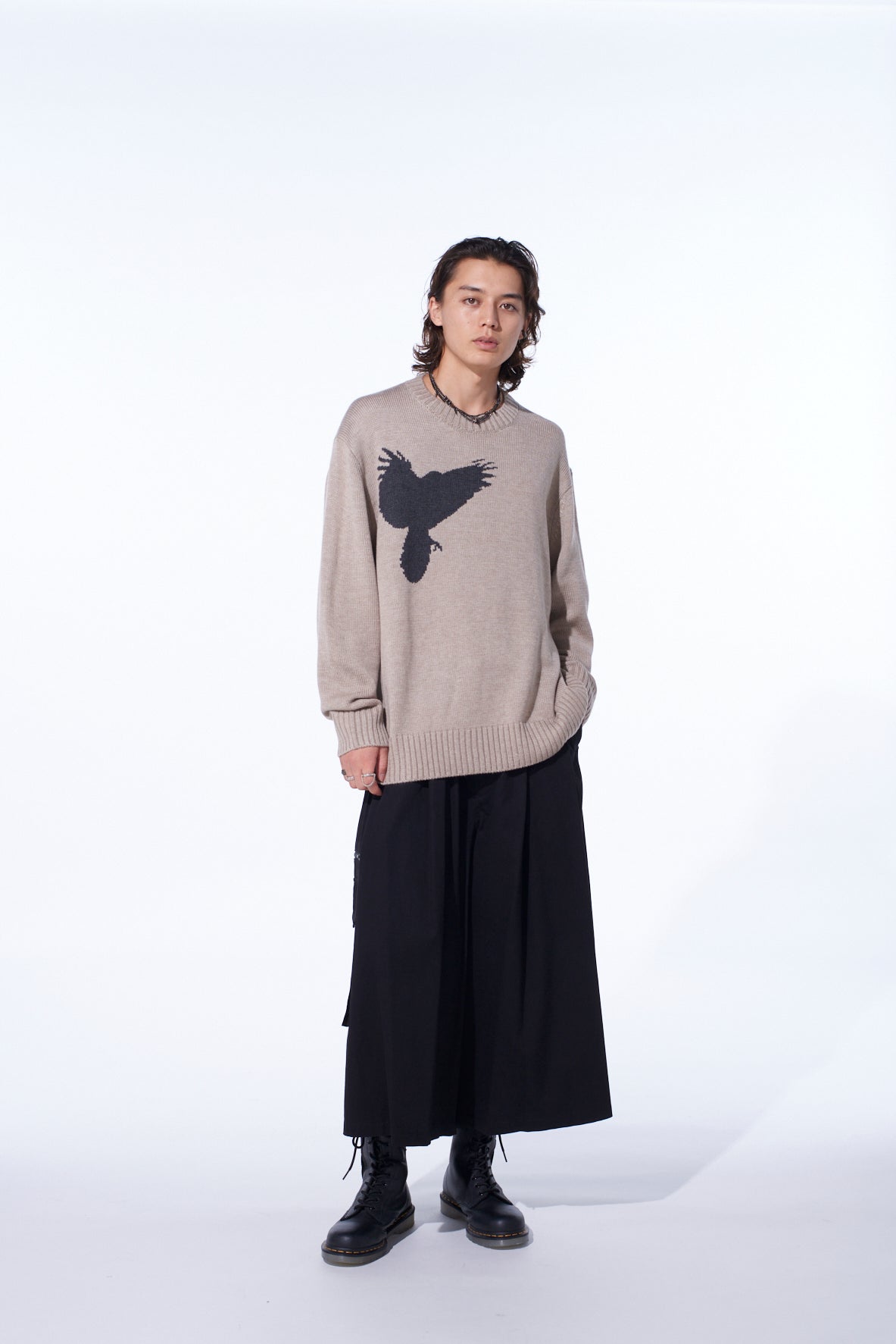 7G WOOL-BLEND INTARSIA CROW-PATTERN PULLOVER