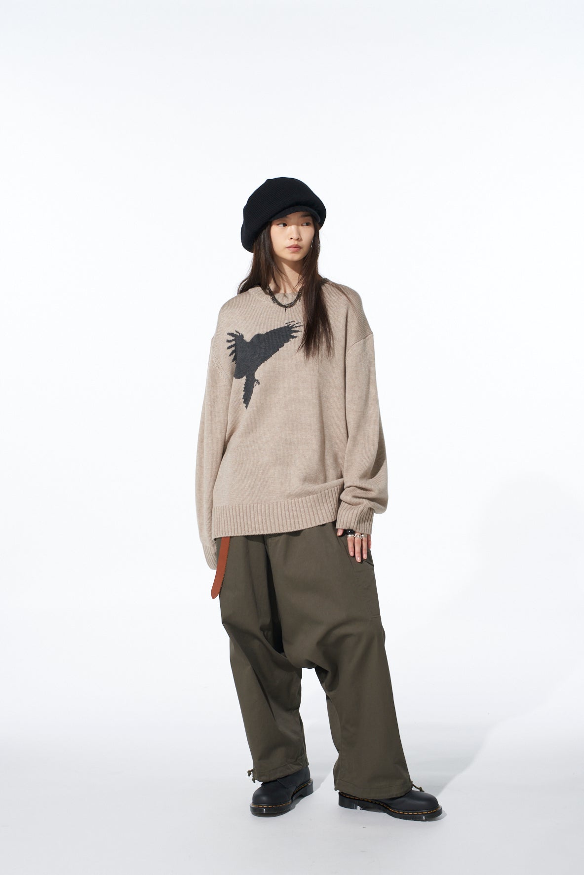 7G WOOL-BLEND INTARSIA CROW-PATTERN PULLOVER