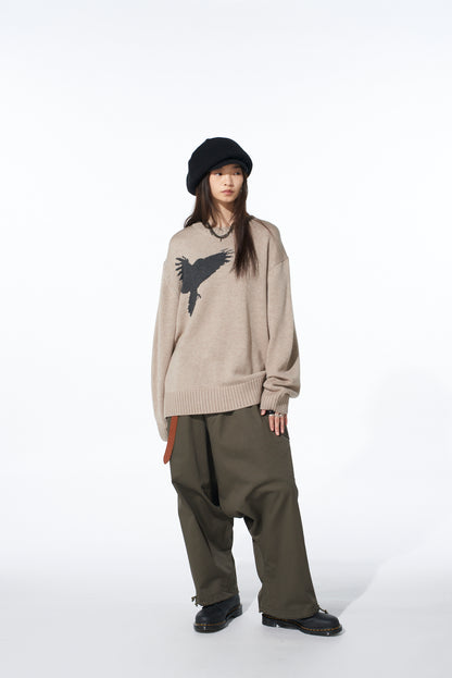 7G WOOL-BLEND INTARSIA CROW-PATTERN PULLOVER